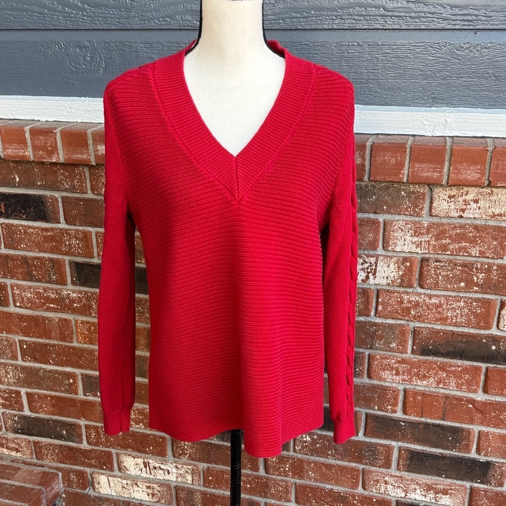 Cabi #3714 Women S Standout Red Vneck Cable Ribbed Knit Pullover Sweater